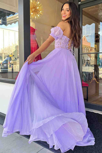 Roycebridal Off-Shoulder A-line Chiffon Applique Lace-Up Long Prom Dress