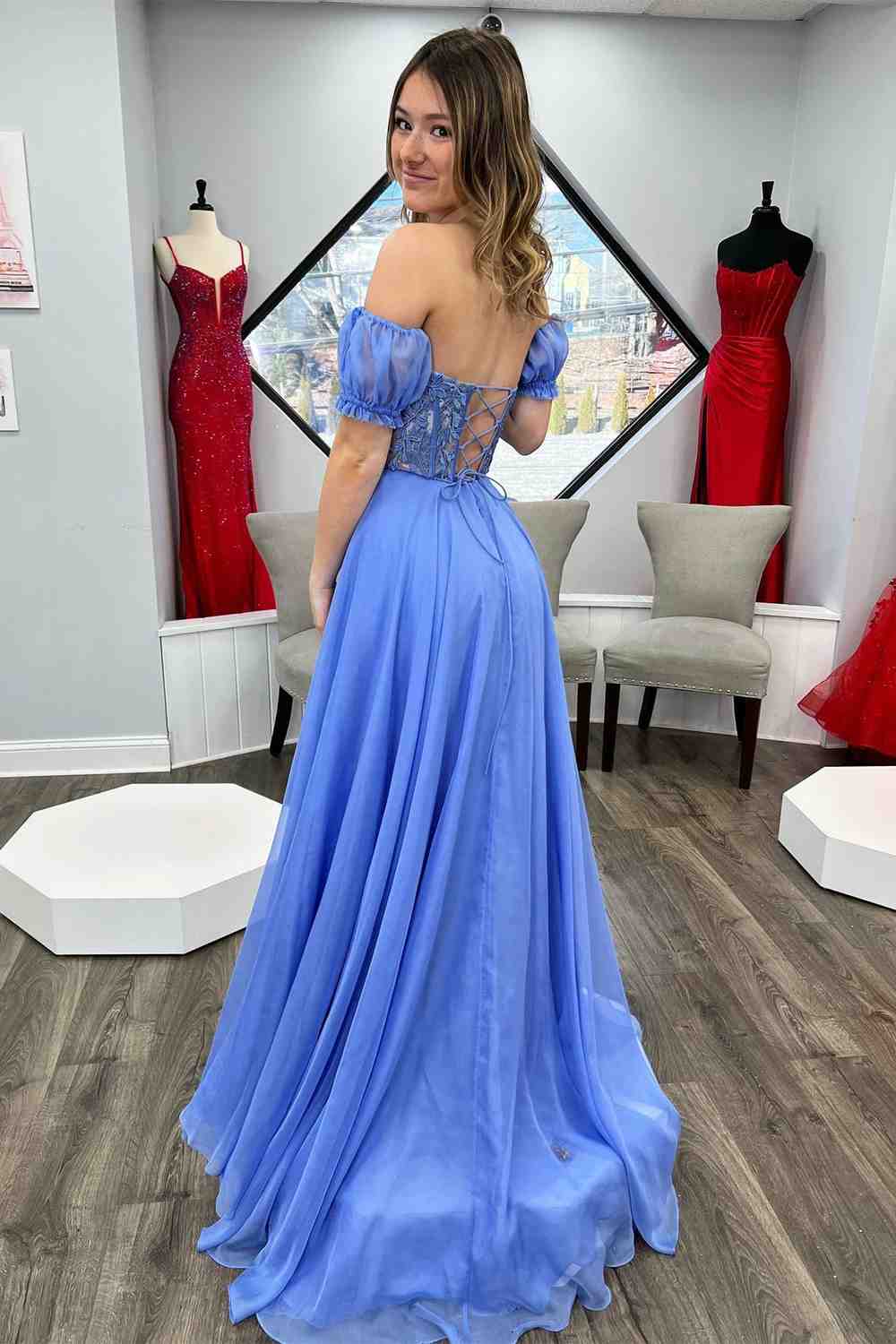 Roycebridal Off-Shoulder A-line Chiffon Applique Lace-Up Long Prom Dress