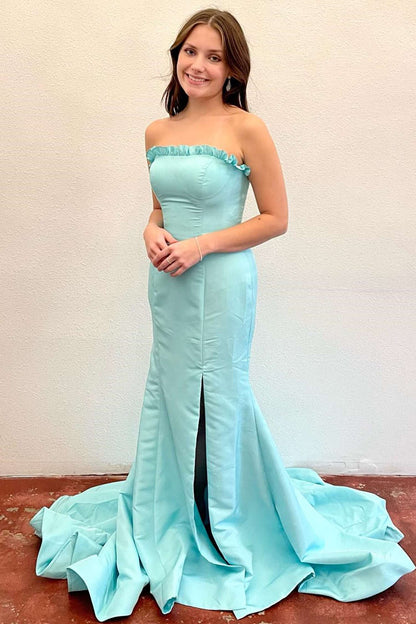 Roycebridal Denver | Strapless Maganta Ruffle Mermaid Slit Long Prom Dress