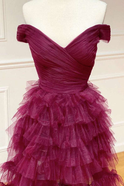 Roycebridal Fallon | Off the Shoulder Dark Berry Pleated Sheer Tiered Prom Dress