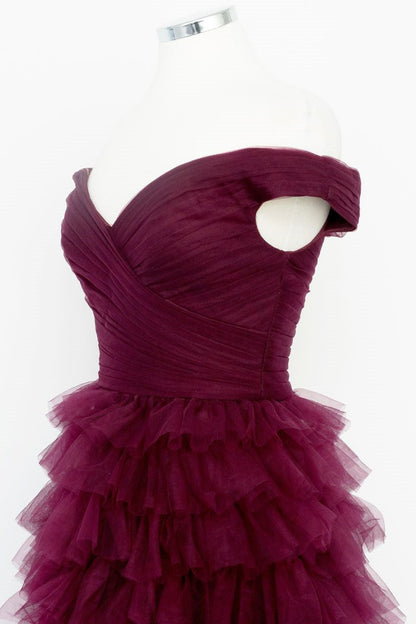 Roycebridal Fallon | Off the Shoulder Dark Berry Pleated Sheer Tiered Prom Dress