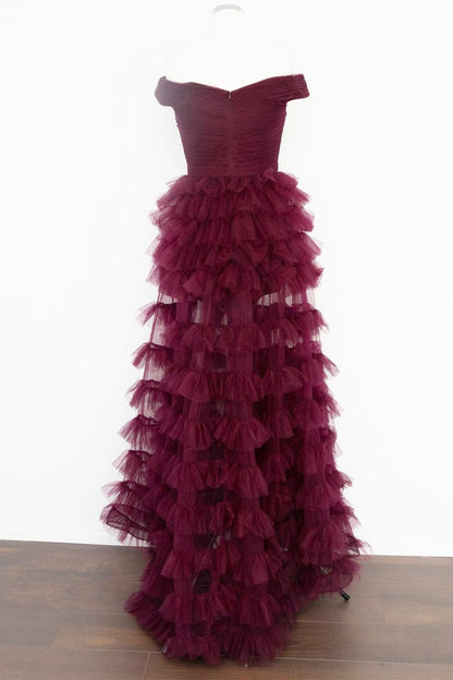 Roycebridal Fallon | Off the Shoulder Dark Berry Pleated Sheer Tiered Prom Dress