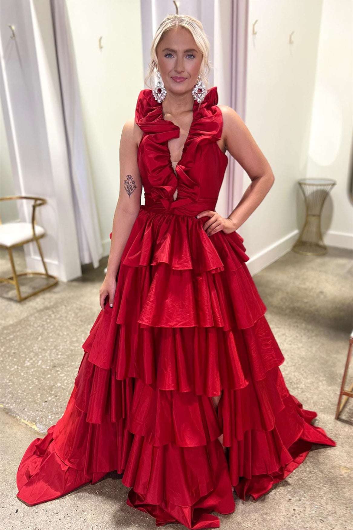 Roycebridal Flora | Halter Red Ruffle Tiered A-Line Prom Dress