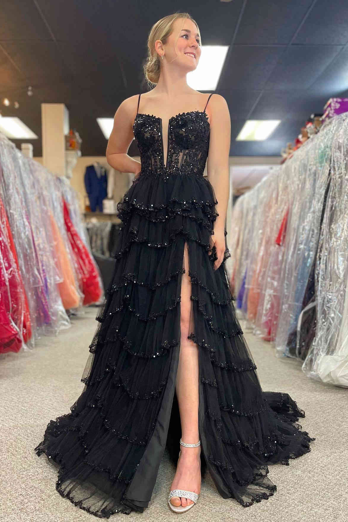 Roycebridal Abbie | Straps Black Mesh Cutout Sequined Layered Long Prom Dress