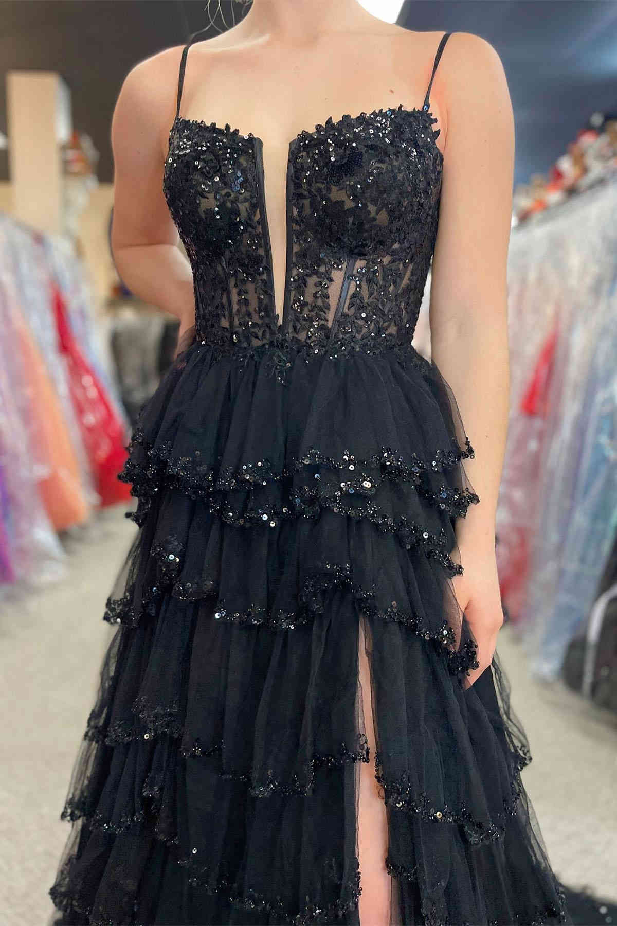 Roycebridal Abbie | Straps Black Mesh Cutout Sequined Layered Long Prom Dress