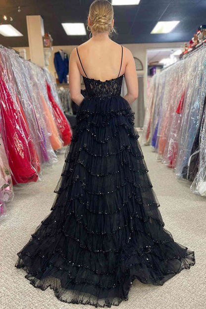 Roycebridal Abbie | Straps Black Mesh Cutout Sequined Layered Long Prom Dress