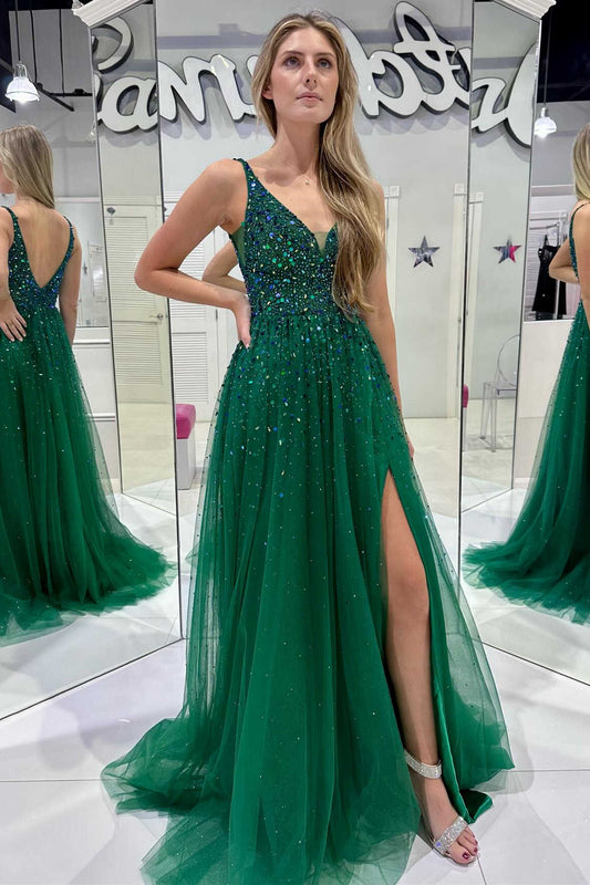 Roycebridal Raquel | V-Neck Hunter Green Beaded Tulle Prom Dress with Slit