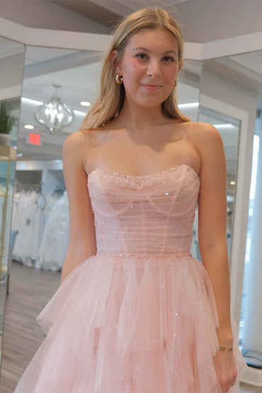 Roycebridal Patsy | Strapless Light Pink Sequin Beaded Ruffle Tulle Prom Dress