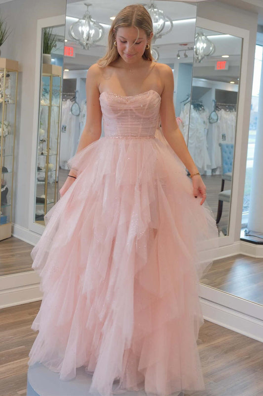 Roycebridal Patsy | Strapless Light Pink Sequin Beaded Ruffle Tulle Prom Dress