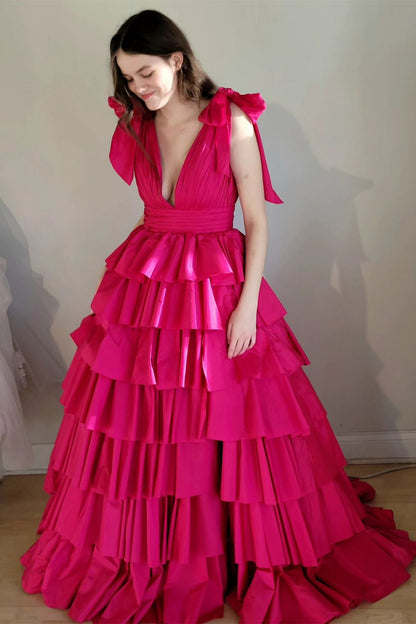 Renee | Plunging V-Neck Fuchsia Bow Straps Ruffle Ball Gown