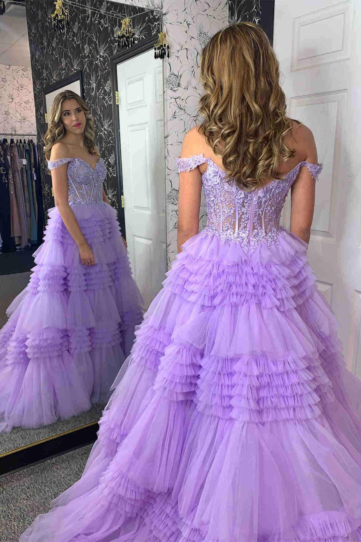 Roycebridal Elina | Red Tulle Off-the-Shoulder Ruffle Tiered Long Prom Dress