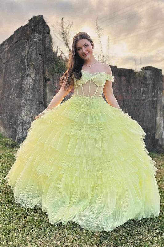 Roycebridal Martina | Off the Shoulder Light Yellow Ruffle Layered Prom Dress