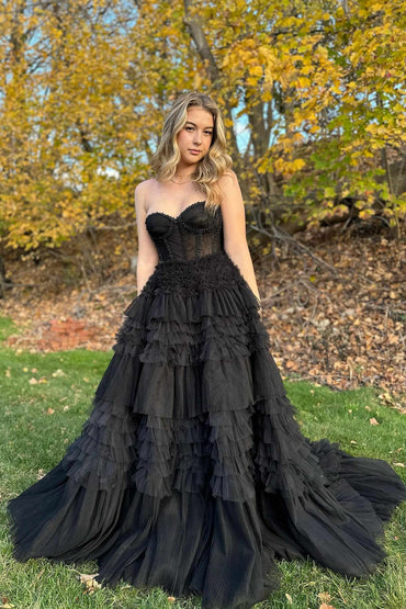 Marjorie | Black Sweetheart Beaded Tiered A-Line Formal Dress