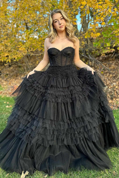 Marjorie | Black Sweetheart Beaded Tiered A-Line Formal Dress