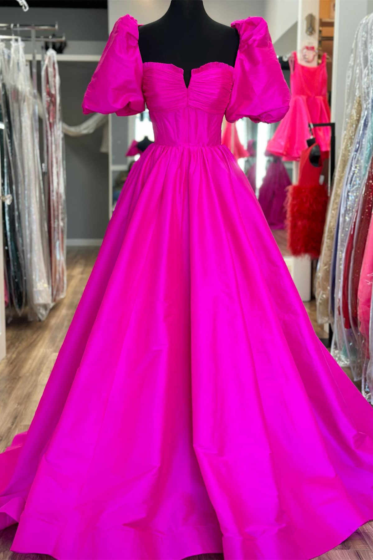 Roycebridal Lynette | Square Neck Fuchsia Puff Sleeves A-Line Prom Dress