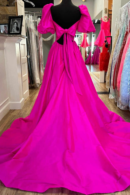 Roycebridal Lynette | Square Neck Fuchsia Puff Sleeves A-Line Prom Dress