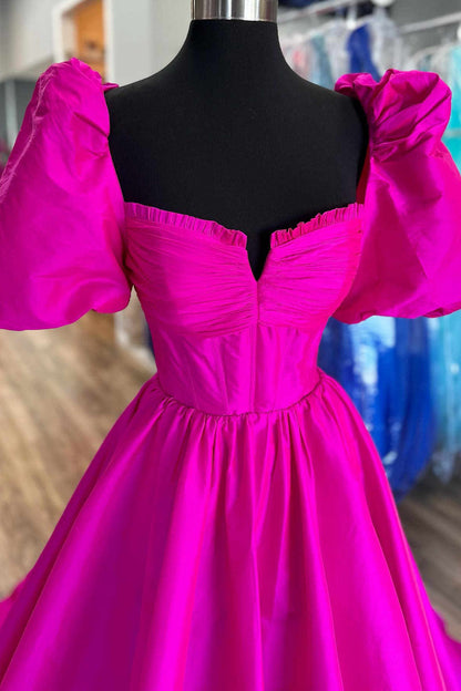 Roycebridal Lynette | Square Neck Fuchsia Puff Sleeves A-Line Prom Dress