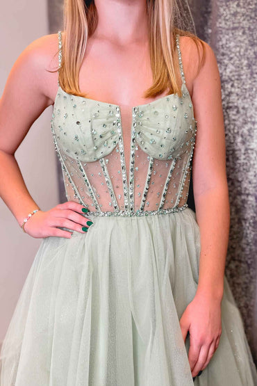 Roycebridal Madeline | Sage Green Straps Sequin Beaded A-Line Tulle Prom Dress