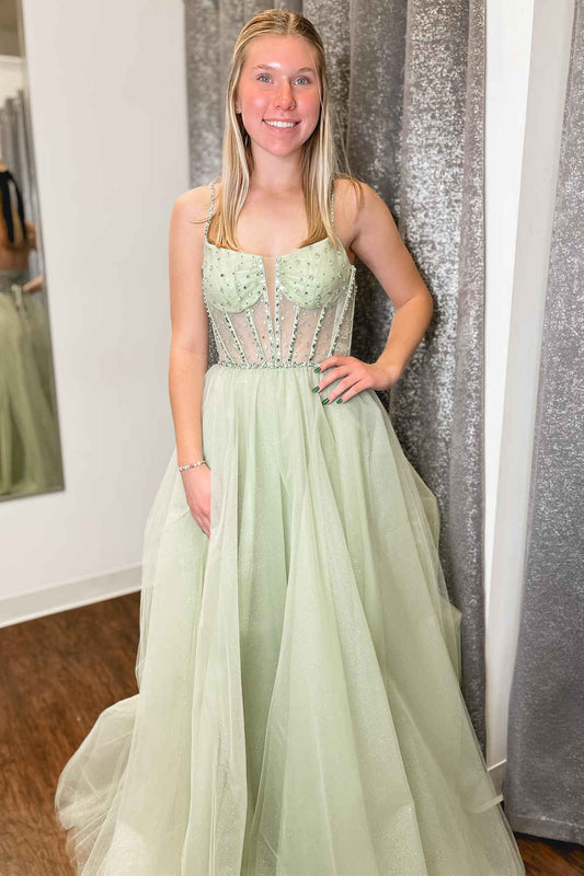 Roycebridal Madeline | Sage Green Straps Sequin Beaded A-Line Tulle Prom Dress