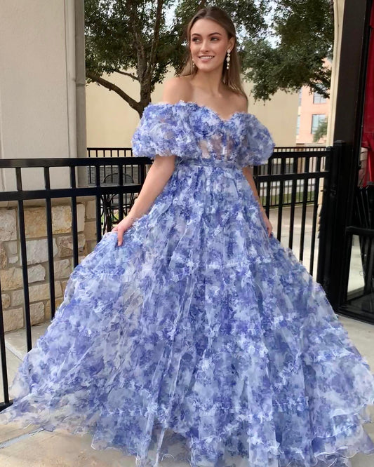 Roycebridal Sydney| Off the Shoulder Blue Floral Print Ruffled Tulle Prom Dress