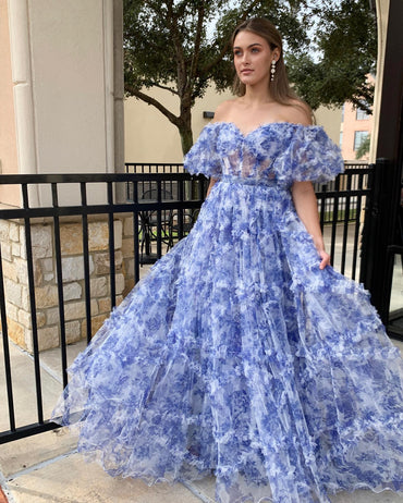 Roycebridal Sydney| Off the Shoulder Blue Floral Print Ruffled Tulle Prom Dress