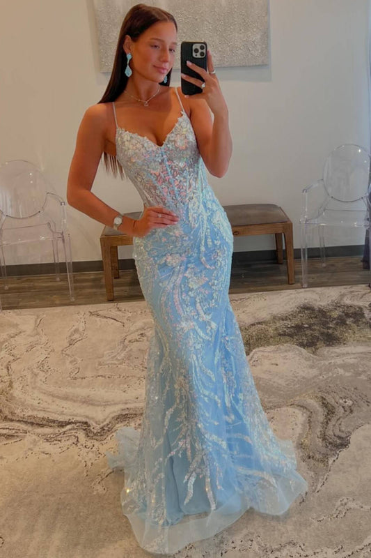 Roycebridal Margaret | Straps Light Blue V-Neck Sequin Appliques Mermaid Prom Dress