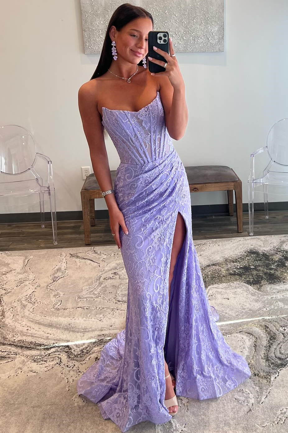 Roycebridal Mandy | Lavender Strapless Lace Ruched Mermaid Prom Dress with Slit