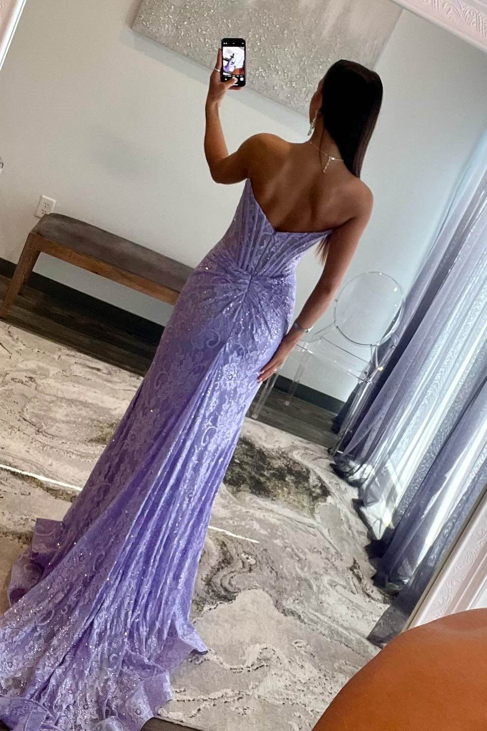 Roycebridal Mandy | Lavender Strapless Lace Ruched Mermaid Prom Dress with Slit