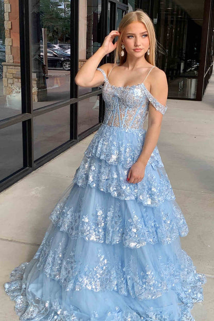 Roycebridal Maureen | Tulle Sequin Cold-Shoulder Ruffle Tiered Long Prom Dress