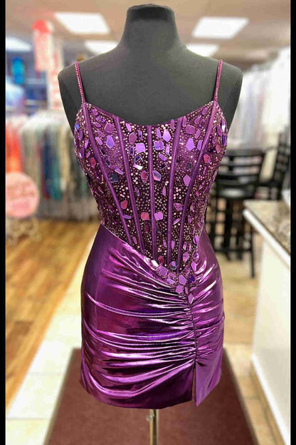 Sparkly Rose Gold Tight Satin Pleats Beaded Corset Homecoming Dress