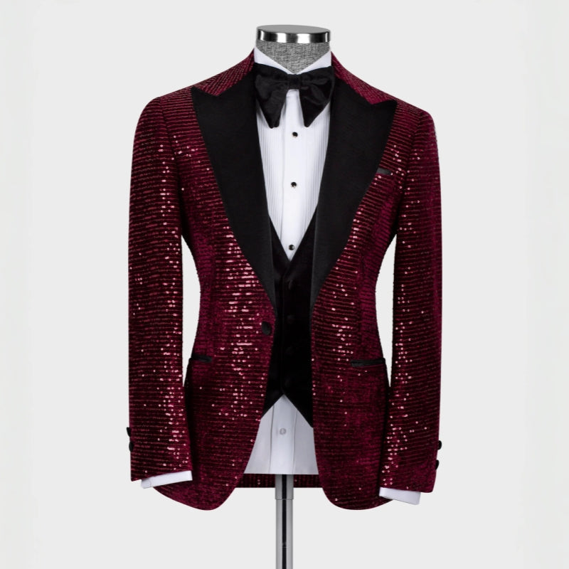 Hobart Generous Burgundy Peaked Lapel Three Pieces Sequins Prom Suits