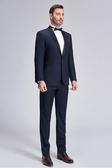 Gentle Blue Dots Shawl Lapel Wedding Tuxedos Dark Navy Wedding Suits for Men-showprettydress