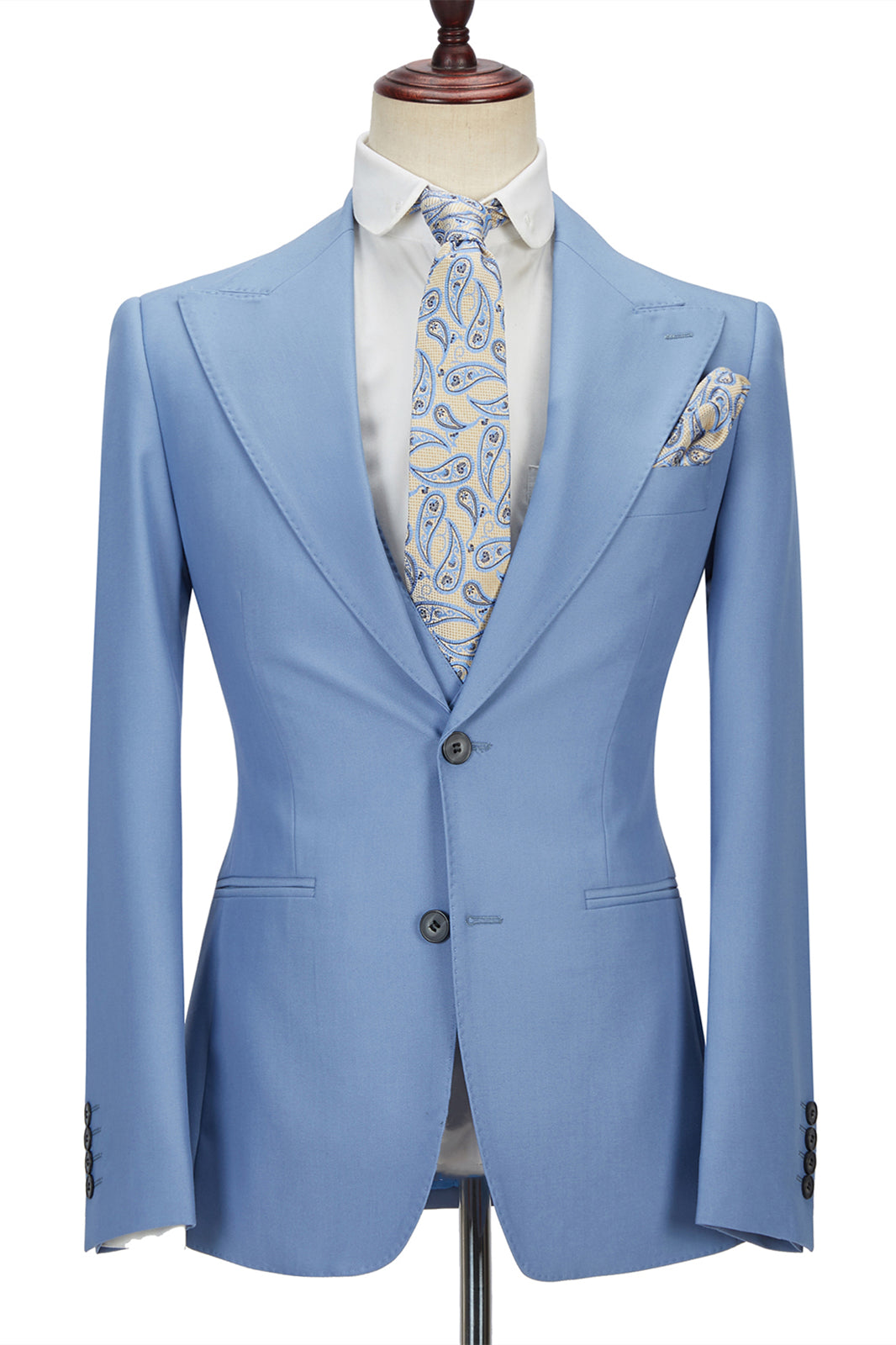 Gentle Blue Peak Lapel Men Suit Three-piece Men Formal Suit without Flap-showprettydress