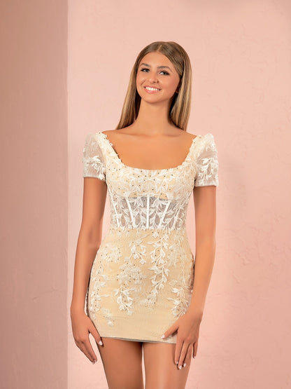 Giselle | Short Sheath Champagne Lace Appliques Homecoming Dress