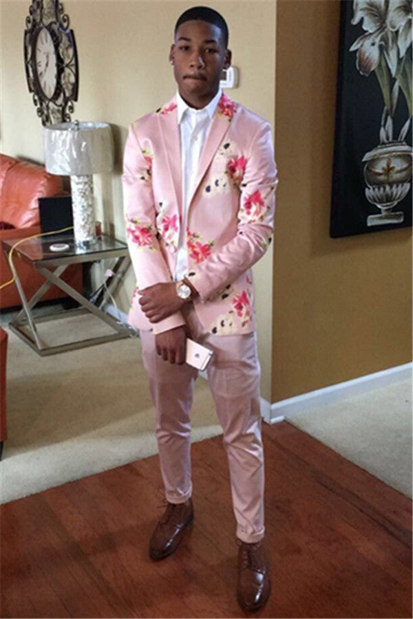 Glamorous Flower Printed Two Pieces Pink Prom Men Suit For Sale-showprettydress