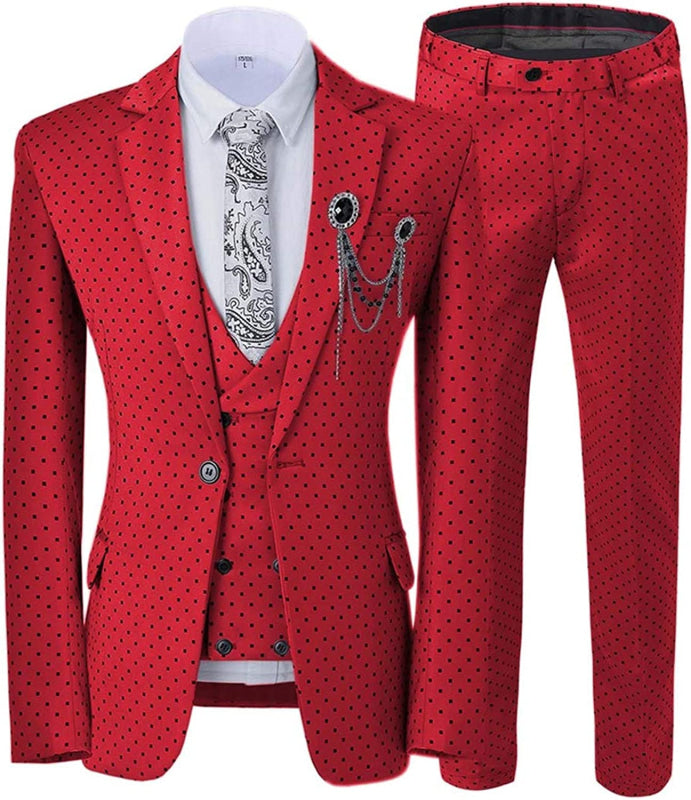 Ingram Glamorous Red Notched Lapel Three Pieces Prom Suits With Black Dot