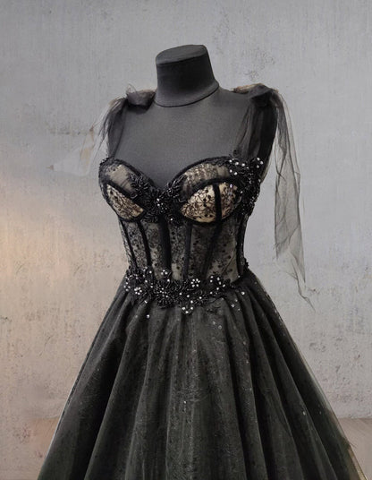 Roycebridal Glitter Lace Tulle Sweetheart Corset Court Black Wedding Dress