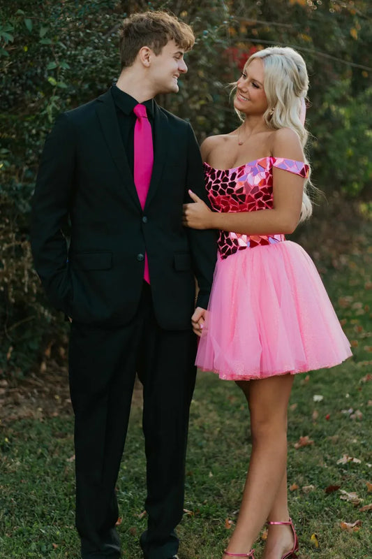 Glitter Pink Off the Shoulder A-Line Tulle Short Homecoming Dress