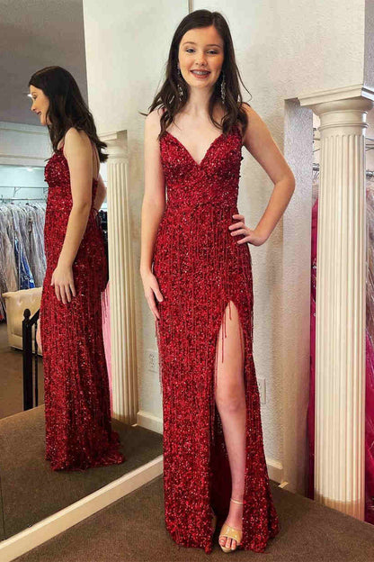 Roycebridal Glitter Red V-Neck Long Prom Dress with Tassel