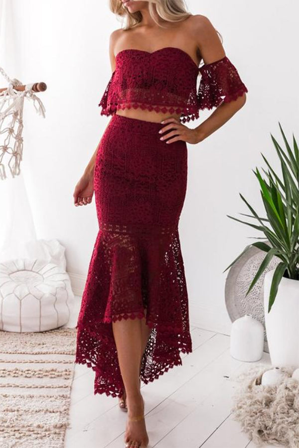 Burgundy Two Piece High Low Off-the-Shoulder Mermaid Lace Homecoming Dresses M312 - Ombreprom