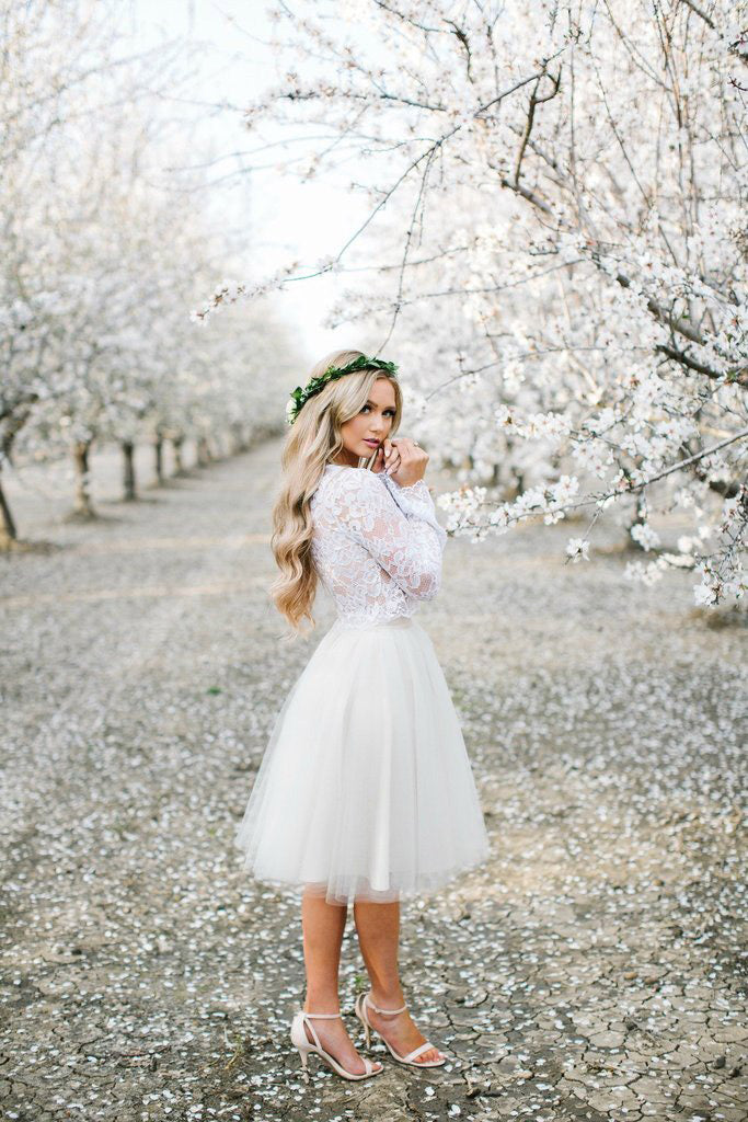 Ivory Two Piece Long Sleeves A Line Tulle Homecoming Dresses