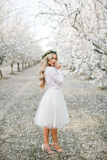 Ivory Two Piece Long Sleeves A Line Tulle Homecoming Dresses