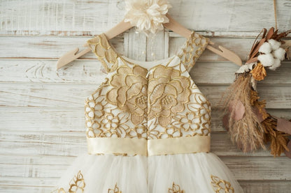 Gold Lace Ivory Tulle Wedding Flower Girl Dress