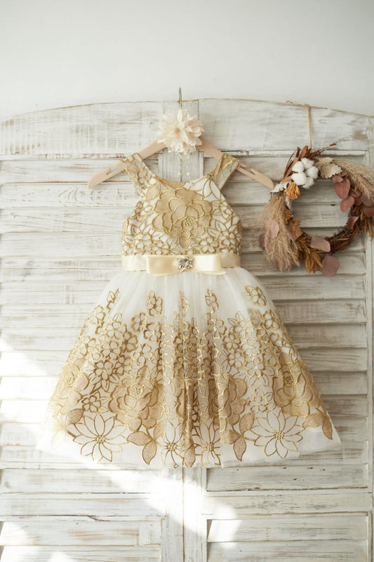 Gold Lace Ivory Tulle Wedding Flower Girl Dress