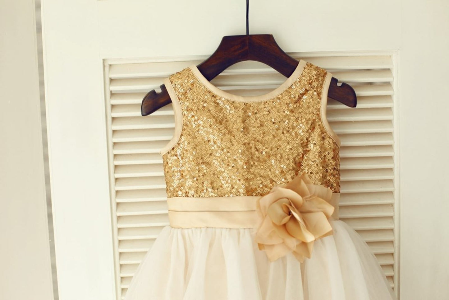 Gold Sequin Ivory Tulle Wedding Flower Girl Dress with 