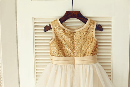 Gold Sequin Ivory Tulle Wedding Flower Girl Dress with 