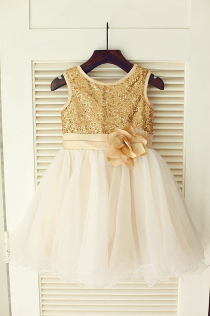 Gold Sequin Ivory Tulle Wedding Flower Girl Dress with 