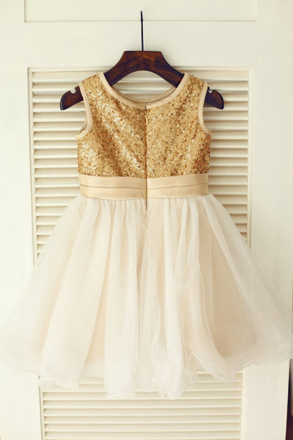 Gold Sequin Ivory Tulle Wedding Flower Girl Dress with 