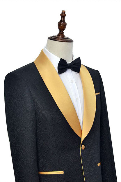 Gold Shawl Lapel One Button Wedding Tuxedo Black Jacquard Marriage Suits-showprettydress