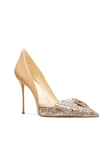 Gold Stiletto Heel Bow Mid Heel Pumps